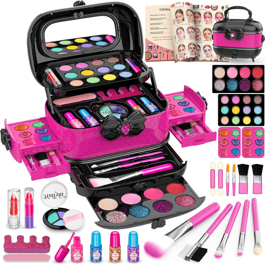 HotHollyhi 58 Pcs Kids Makeup Kit for Girl, Princess Toys Real Washable Cosmetic Set with Mirror, Kids Makeup Sets for Girls, Play Make Up Birthday Gifts for 3 4 5 6 7 8 9 10 11 12 Years Old Kid (Rose)