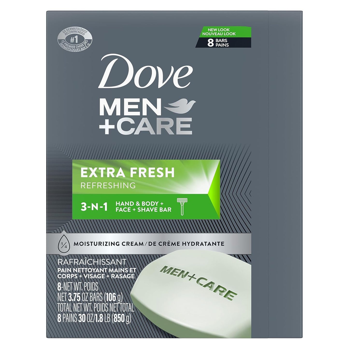 HotDOVE MEN + CARE 3 in 1 Bar Cleanser for Body, Face, and Shaving Extra Fresh Body and Facial Cleanser More Moisturizing Than Bar Soap to Clean and Hydrate Skin 3.75 Ounce (Pack of 8)
