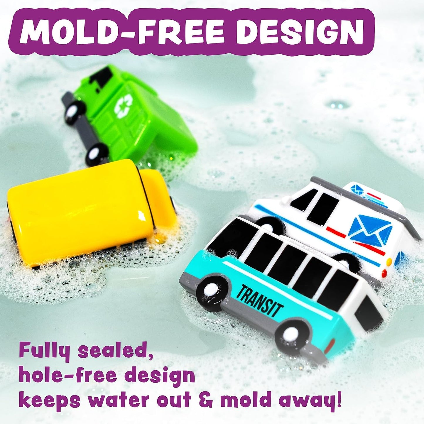 HotTub Works® Vehicles™ Bath Cars Mold Free Bath Toys, 6 Pack | Sealed, No Hole Bath Toys Design Keeps Moisture Out | Soft, Squeezable & Float on Water | Fun Baby & Toddler Bath Toys | City Car Bath Toys