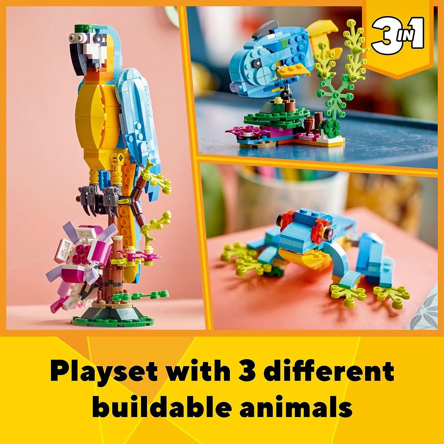 HotLEGO Creator 3 in 1 Exotic Parrot Building Toy Set, Transforms to 3 Different Animal Figures - from Colorful Parrot, to Swimming Fish, to Cute Frog, Creative Toys for Kids Ages 7 and Up, 31136