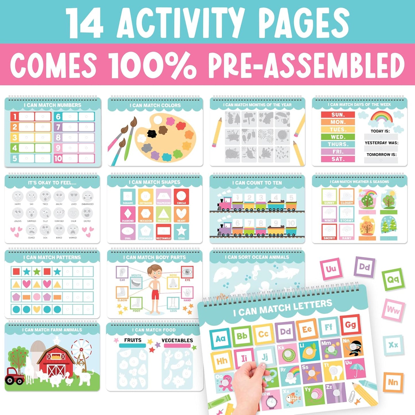 HotHadley Designs My First Busy Book Toddlers 3-5, Montessori Preschool Learning Activities Age 4-5, 174 Pcs Velcro Busy Book, Travel Toys Airplane Car Quiet Time, Sensory Toys, Toddler Birthday Gift