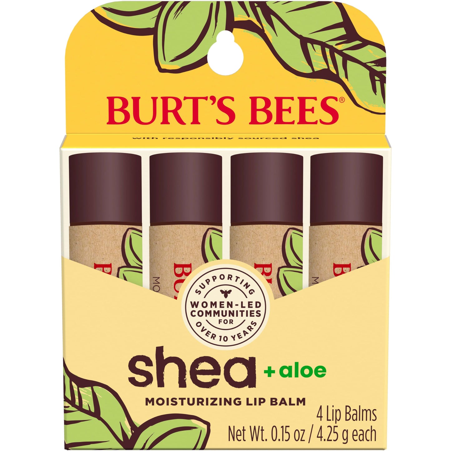 HotBurt's Bees Lip Balm, Moisturizing Lip Care, 100 Percent Natural Origin, Ultra Conditioning with Shea, Cocoa and Kokum Butter, 0.15 oz., Four Tubes