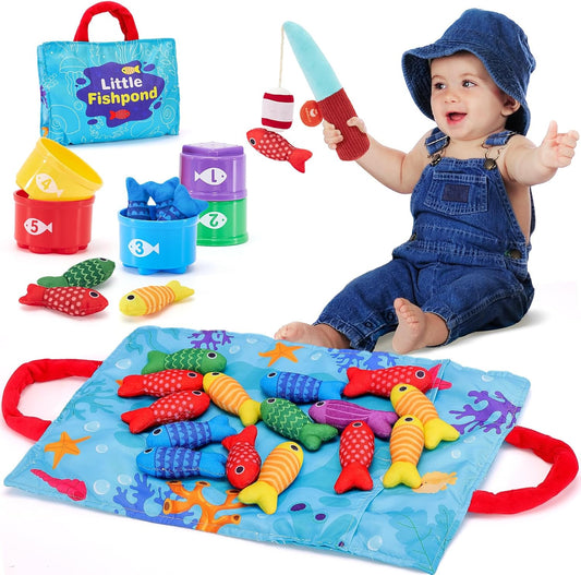 Hothahaland Montessori Toys for 1 Year Old Boy Girl Birthday Gift - 10 in 1 Cloth Fishing Game Toddler Toys with Stacking Cups - Number Counting, Color Sorting Learning