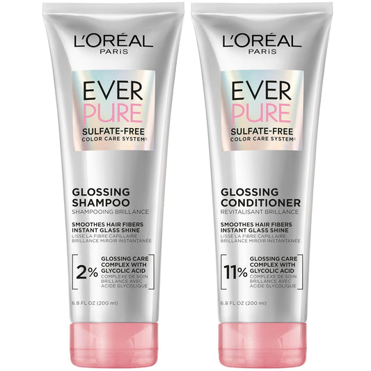 HotL’Oreal Paris Sulfate Free Glossing Shampoo and Conditioner Set with Glycolic Acid, Provides Intense Glass Shine & Smoothness, Suitable for Dull, Dry, and Color-Treated Hair, EverPure, 13.6 Fl Oz Set