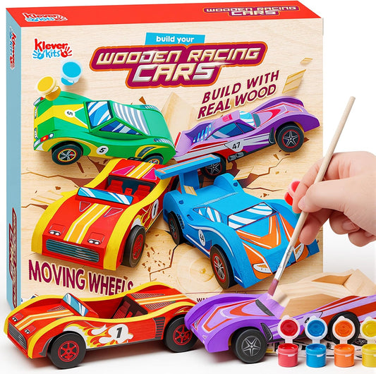 HotKlever Kits 4 DIY Wooden Race Cars-Build & Paint Your Own Wood Craft Kit, 4 Race Cars Toy, Easy to Assemble Arts Crafts Kit, Birthday Party Presents for Kids Boys and Girls