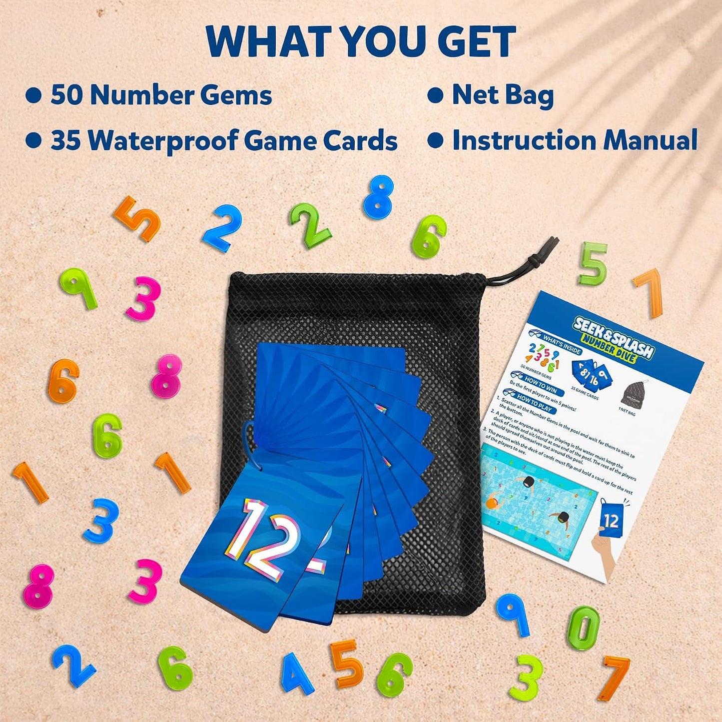 HotSkillmatics – Seek & Splash, Pool Dive Toys for Kids, Search & Find Game | Swimming Pool Number Dive Toy, Summer Fun & Gift for Boys & Girls Ages 6, 7, 8, 9, 10, 11 & Up, Includes 50 Colorful Gems