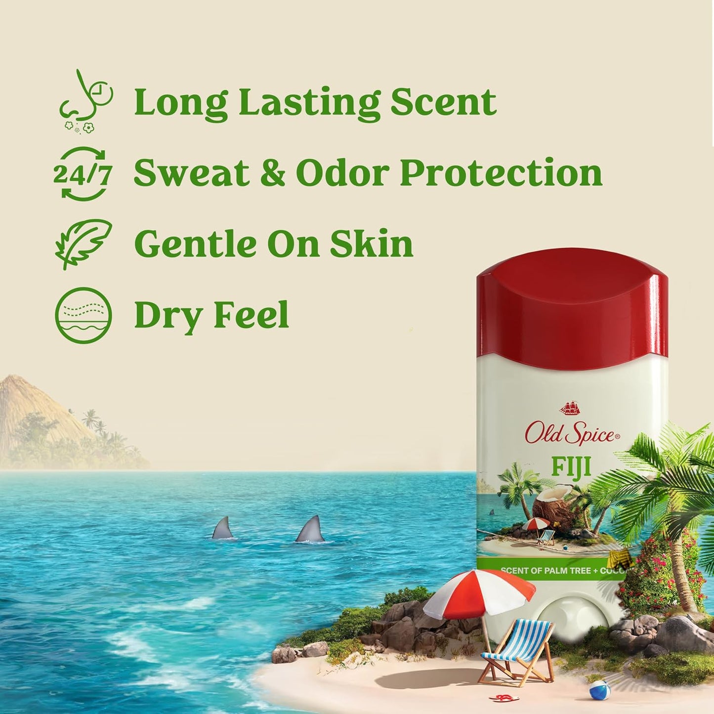 HotOld Spice Dry Feel Antiperspirant Deodorant for Men, 24/7 Freshness, 24/7 Sweat & Odor Protection, Gentle on Skin with Skin Conditioners, Fiji with Palm Tree + Coconut Scent, 2.6 oz (Pack of 3)
