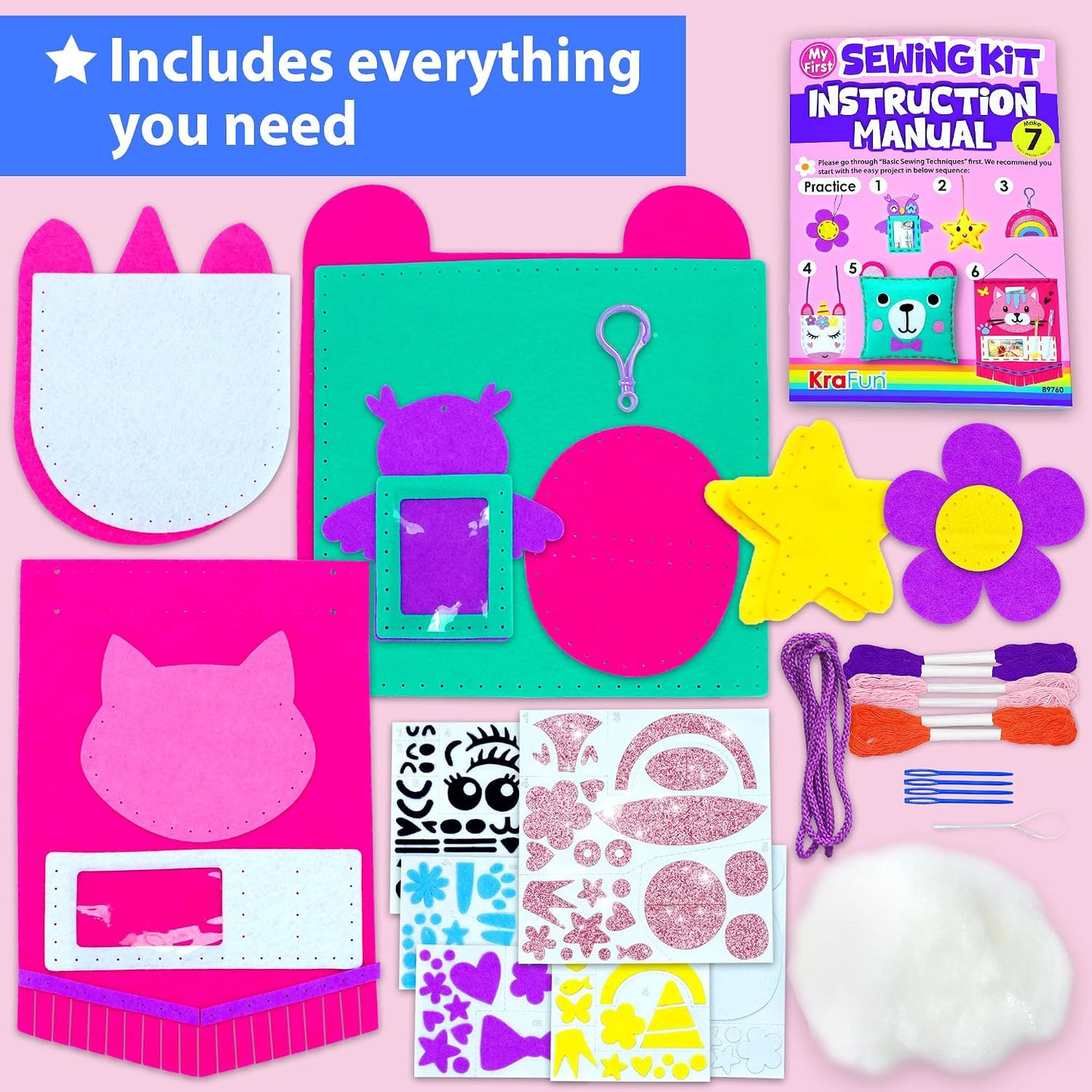 HotKRAFUN My First Sewing Kit for Kids Ages 6-12 | 7 Animal Dolls | 7 stuffed animal & plush pillow projects. Pre-punched felt & instructions included. Gift for girls & boys
