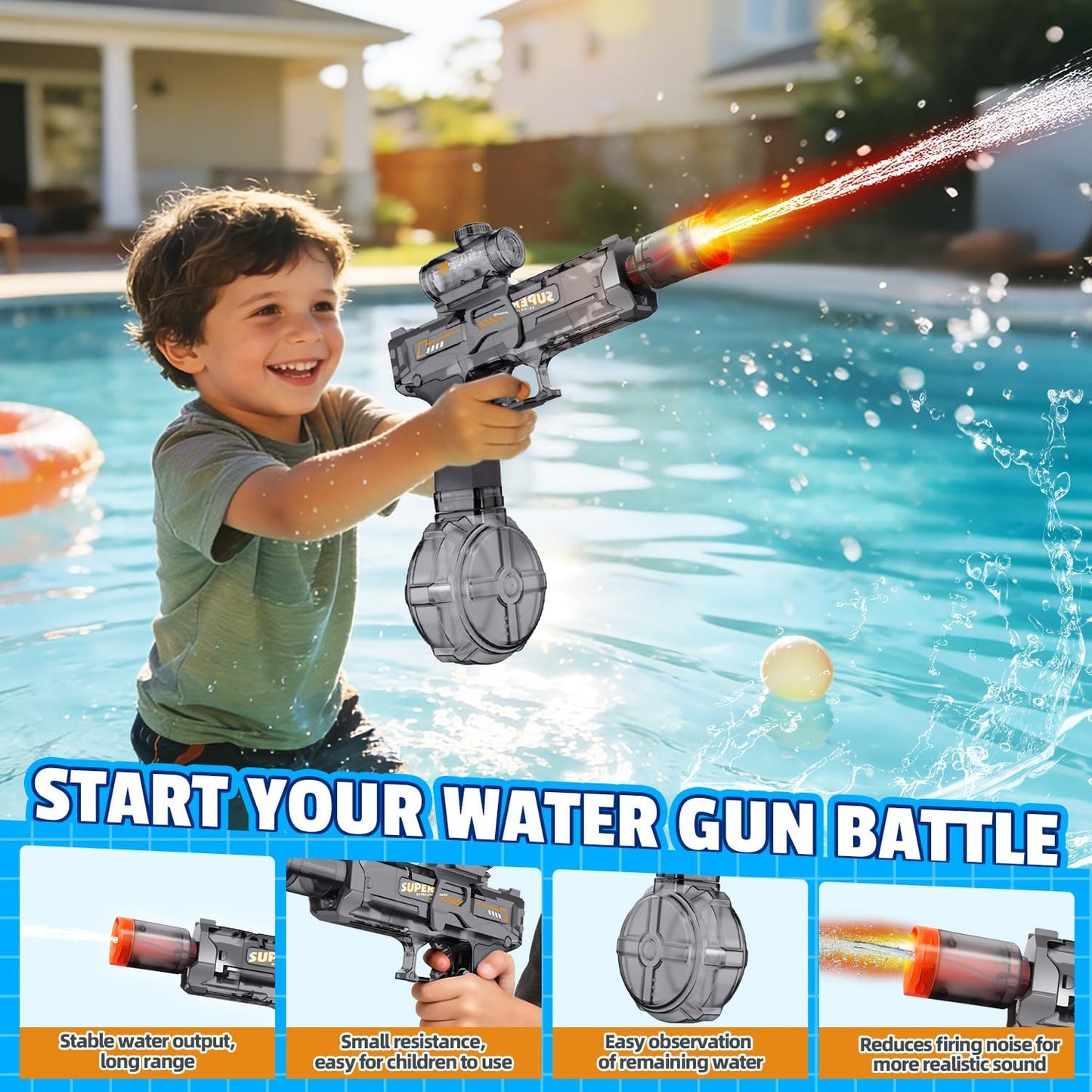 Hot4Pcs Electric Water Gun for Kids Adults, Automatic Squirt Gun Pistol with Water Spray Sound and Led Light, Leak-Proof Rechargeable Watergun for Summer Outdoor Pool Beach Toys for Boys (Black+Blue)