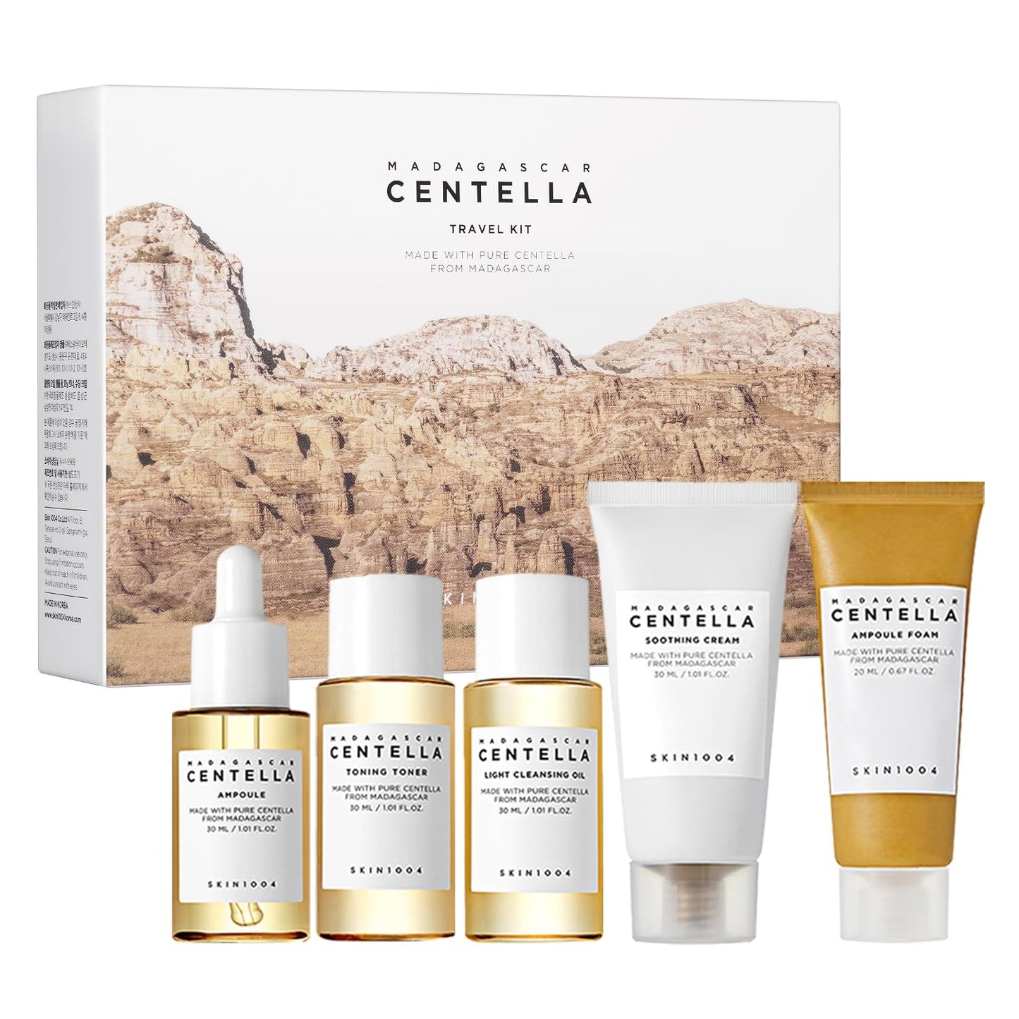 HotSKIN1004 Centella Travel Kit, Korean Skin Care Set with Toner, Moisturiser, Serum, Cleansing Oil & Cleanser, Travel Size Set with Madagascar Centella, Sensitive Skin, Perfect for Travel Beauty & Gifts