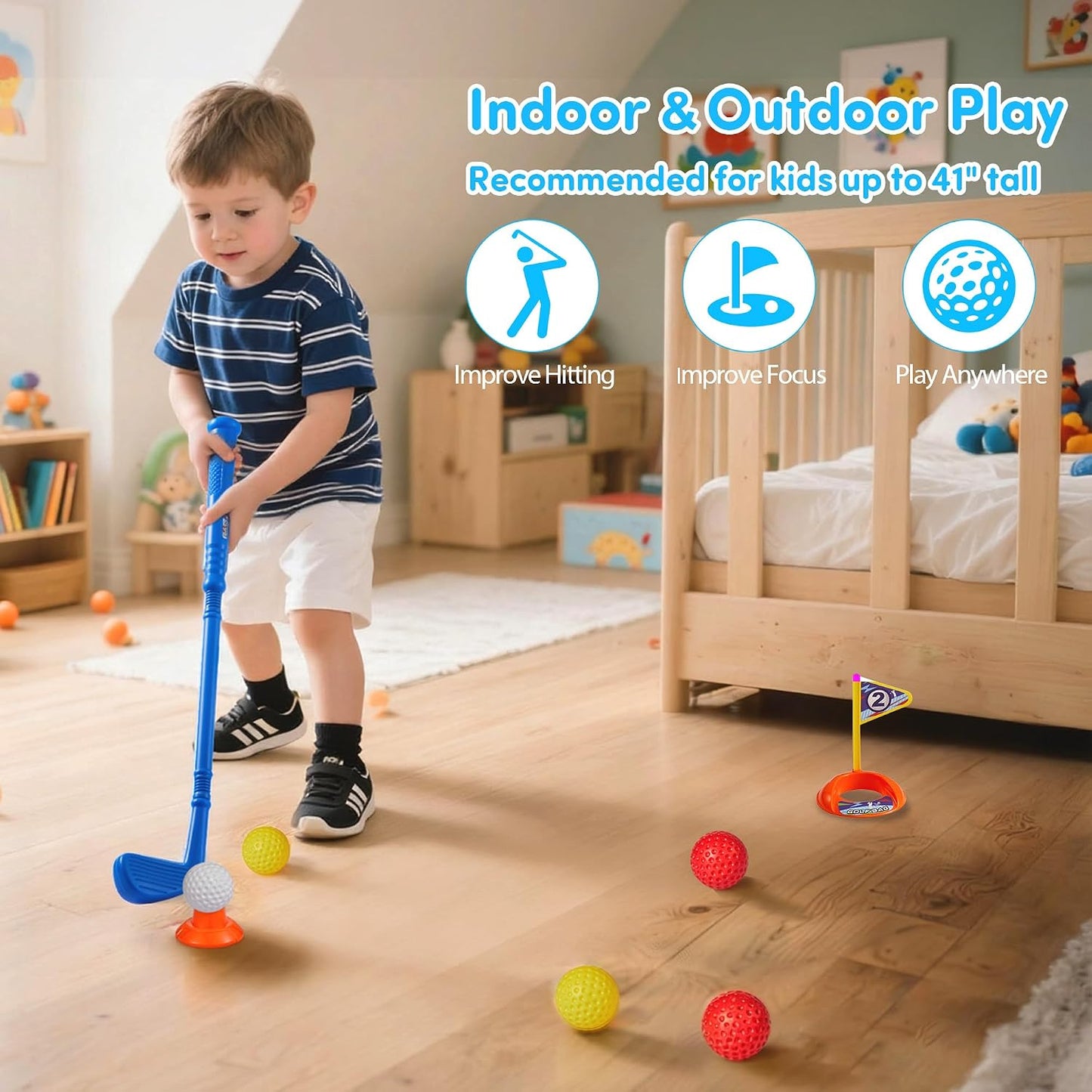HotPJG Toddler Golf Set, Plastic Kids Golf Clubs Ages 1 2 3 4 Years Old with 4 Golf Clubs and 10 Balls, Indoor and Outdoor Golf Toys with Cart for Toddlers Boys and Girls Birthday Gift (Blue)