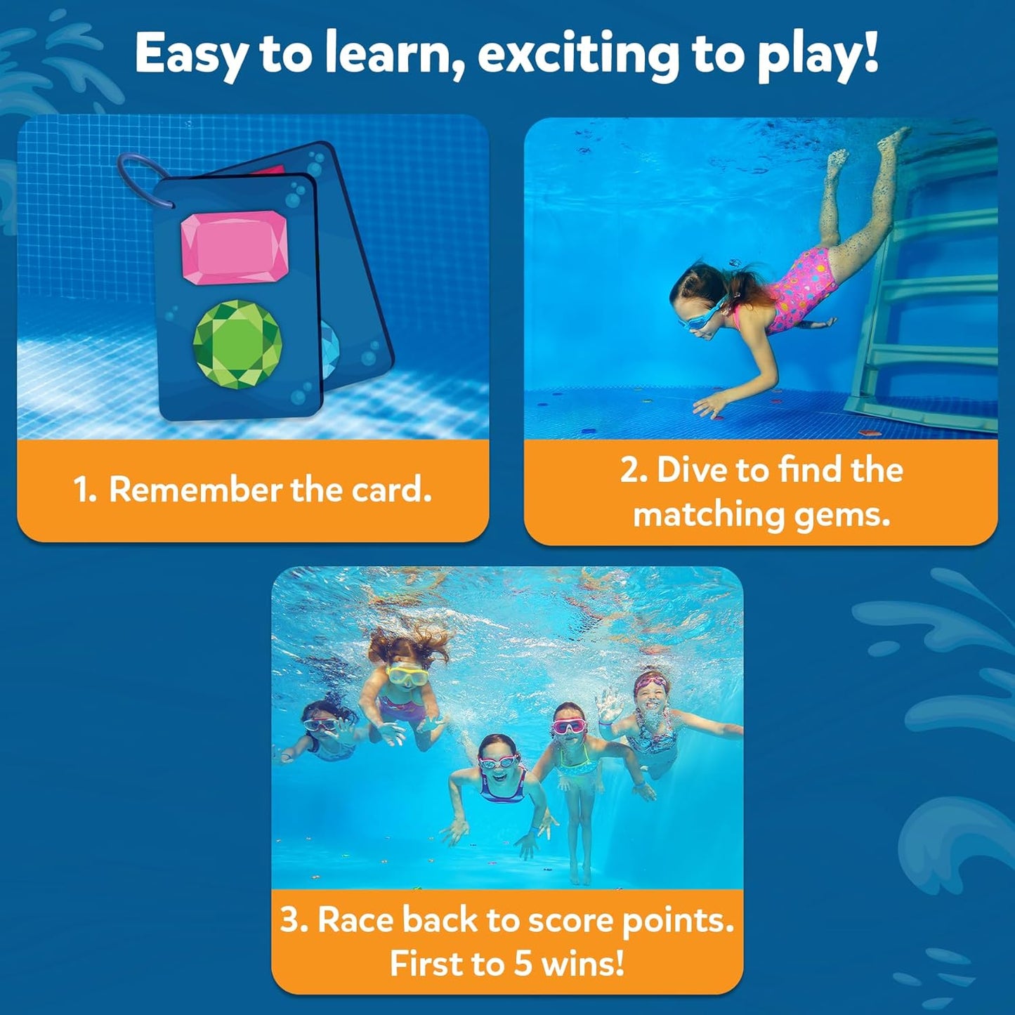 HotSkillmatics – Seek & Splash, Pool Dive Toys for Kids, Search & Find Game | Swimming Pool Game, Fun Summer Gift for Boys & Girls Ages 6, 7, 8, 9, 10, 11 & Up, Includes 64 Colorful Gems