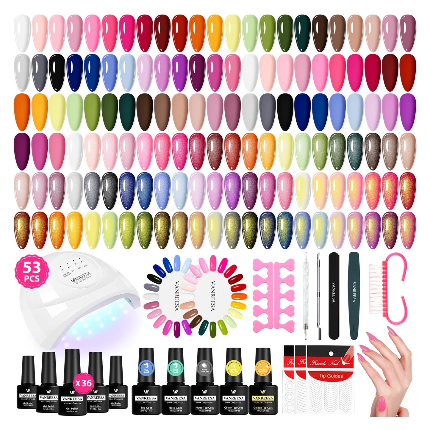 HotVANREESA 60 Pcs Gel Nail Polish Set, 55 Colors Gel Polish with Base Coat & 4 Effects Top Coat Full-Color Nail Polish Set All Seasons Nail Kit Gifts for Women Girls Nail Salon at Home