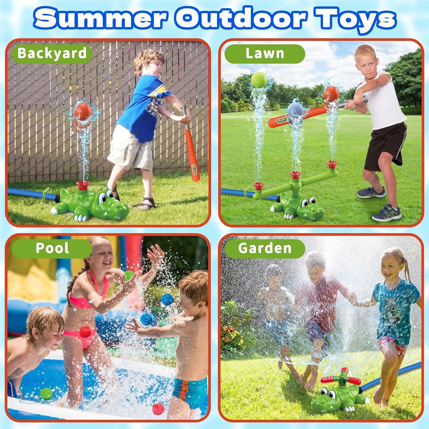 HotIntoypad 4-in-1 Kids Water Sprinklers T Ball Set & Water Ball Toy, Crocodile Baseball Sprinkler for Backyard Outdoor Summer Toys for Boys Girls Outside Yard Water Game Toys for Kids Toddlers Ages 3-8
