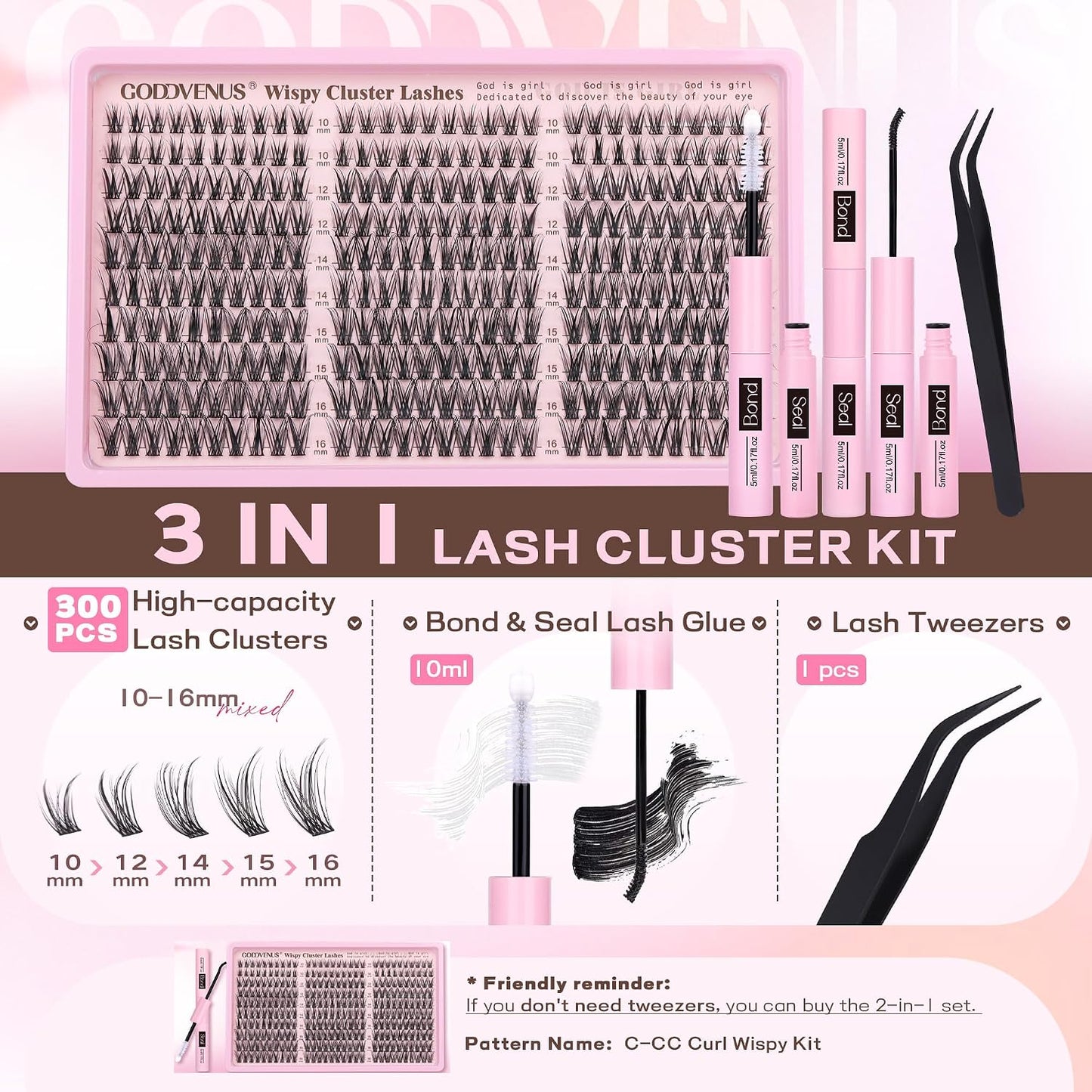 HotGoddvenus Lash Clusters Kit Wispy Eyelash Clusters Lashes Natural DIY Lash Extension Kit 10-16mm Cluster Eyelash Extensions Kit 300pcs C Curl Individual Lashes Cluster Eyelash (With Tweezers)