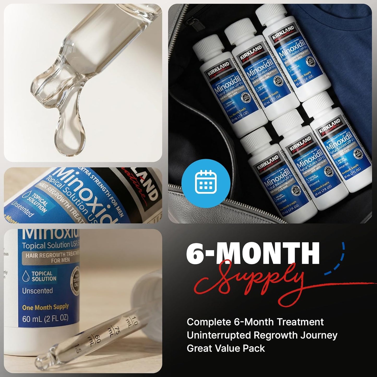 HotKirkland Minoxidil for Men Liquid, Extra Strength Hair Regrowth Treatment 5%, 6 Months Supply - Upgraded Dropper Applicator and Bonus Free Guide Included