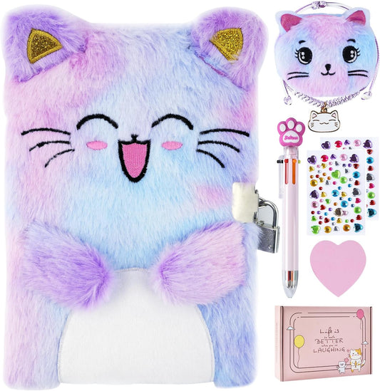 Hot PJDRLLC Cat Diary with Lock, Gift for 6 7 8 Year Old Girl, Secret Diary Journal Notebook with Coin Purse, Multicolored Pen, Post-it Note, Stickers, Practical Gift for Birthday (A Happy Cat)