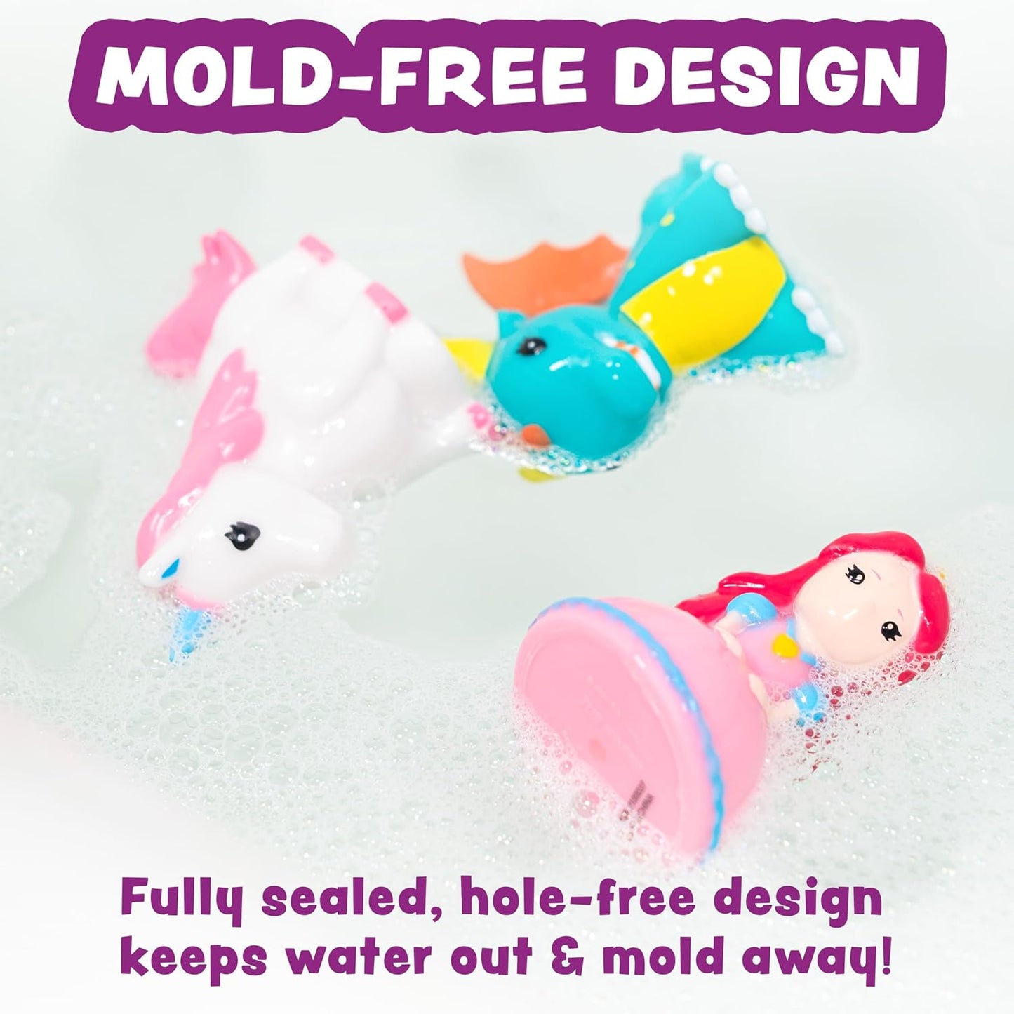 HotTub Works® Fantasy Watertight Bath Toys, 6 Pack | Sealed, No Hole Bath Toys Design Keeps Moisture Out | Soft, Squeezable & Float on Water | Baby & Toddler Bathtub Toy | Unicorn Baby Girl Bathtub Toy