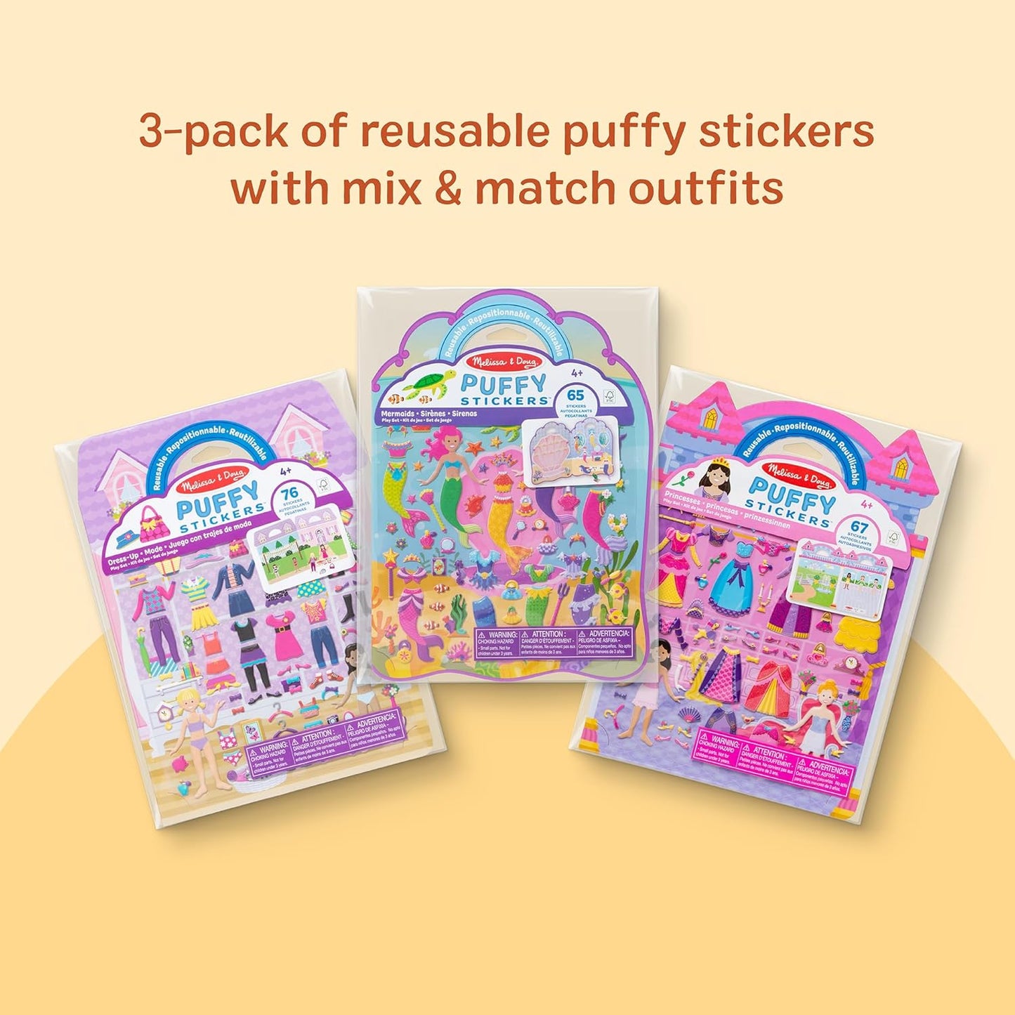 HotMelissa & Doug Puffy Sticker Activity Books Set of 3 – Dress-Up, Princess & Mermaid, with 208 Reusable Stickers and Fold-Out Scenes, Mess-Free Travel Toys for Kids Ages 4+ - FSC Certified