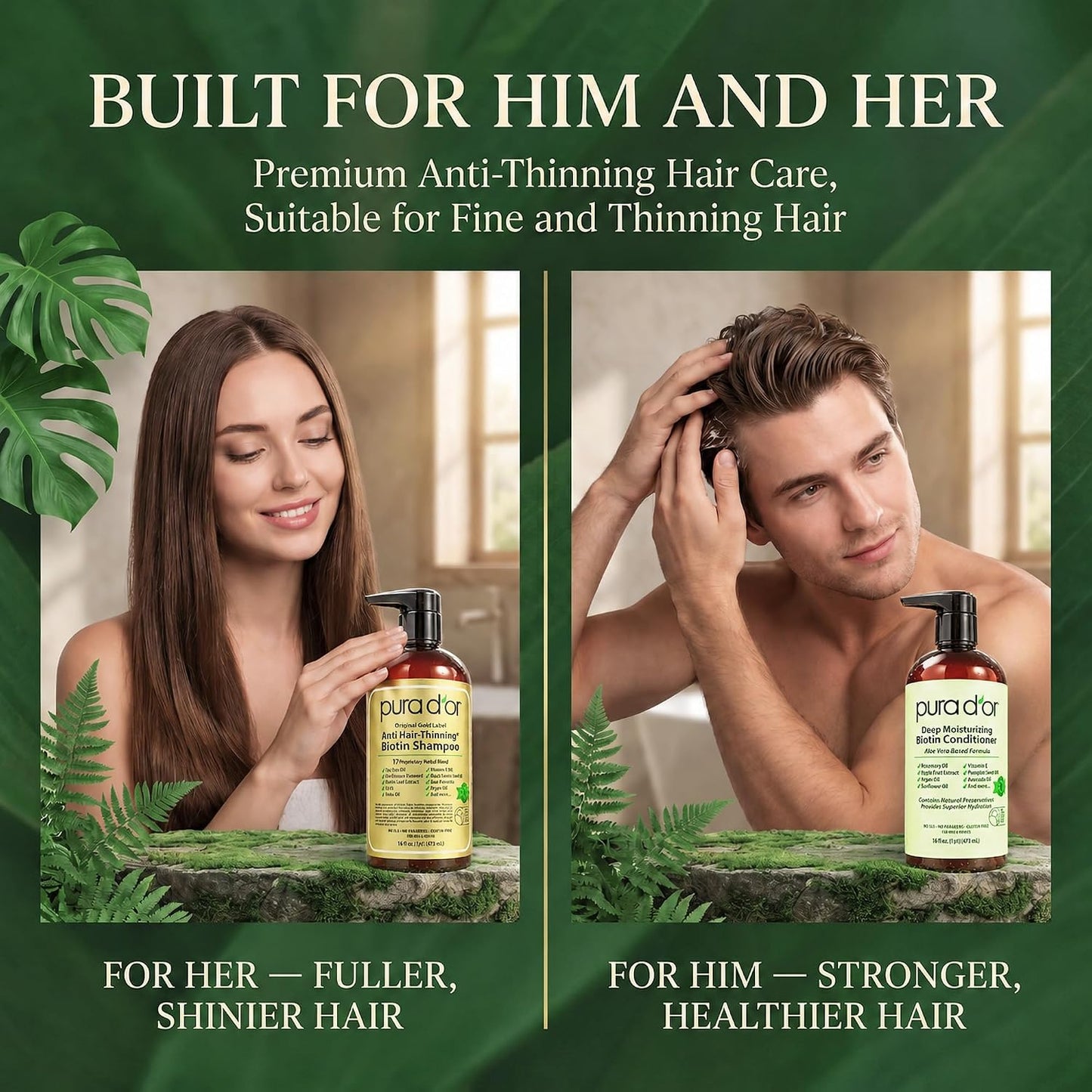 HotPURA D'OR Anti-Thinning Biotin Shampoo & Hair Regrowth Conditioner, CLINICALLY TESTED Effective Results, Thickening Herbal Blend For Women & Men, Original Gold Label Set, Natural Earthy Scent, 16oz x2