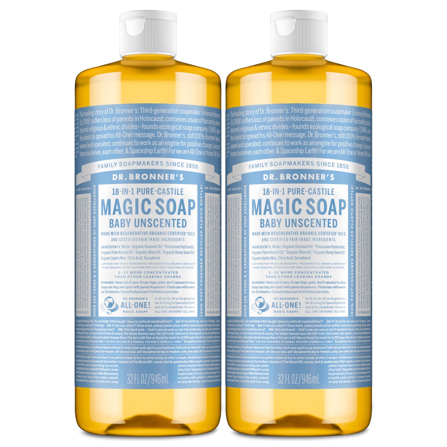 HotDr. Bronner's Pure-Castile Magic Soap Liquid (Baby Unscented, 32 Ounce) – Made with Regenerative Organic Certified Oils – For Sensitive Skin, Babies, Face, Hair, Laundry, Dishes, Hand Soap & Body Wash