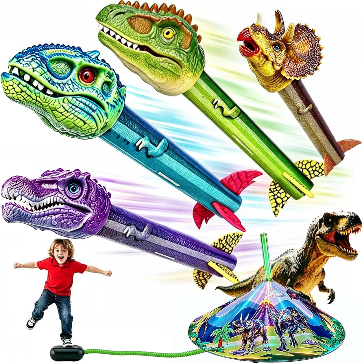 Hot Gizzjoy Dinosaur Toy Rocket Launcher for Kids - Launch Up to 100 Ft, 4 Rockets, Outdoor Outside Toys for Kids, Dinosaur Toys, Birthday Gifts for 3 4 5 6 7 8-12 Year Old Boys Girls
