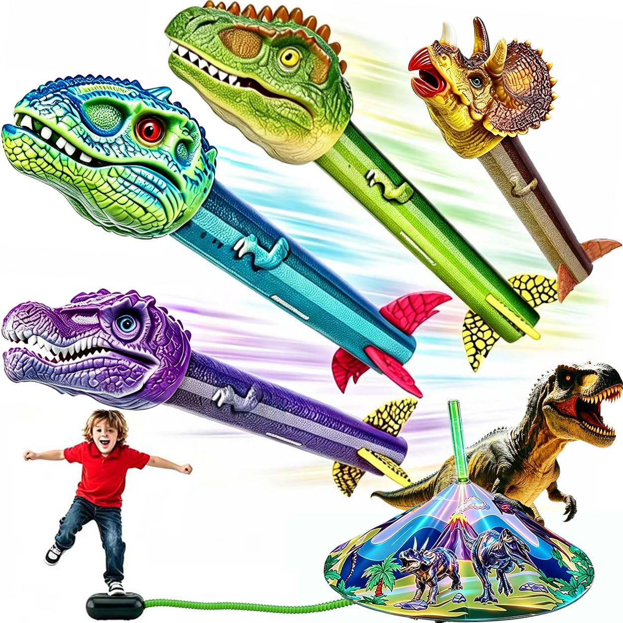 Hot Gizzjoy Dinosaur Toy Rocket Launcher for Kids - Launch Up to 100 Ft, 4 Rockets, Outdoor Outside Toys for Kids, Dinosaur Toys, Birthday Gifts for 3 4 5 6 7 8-12 Year Old Boys Girls