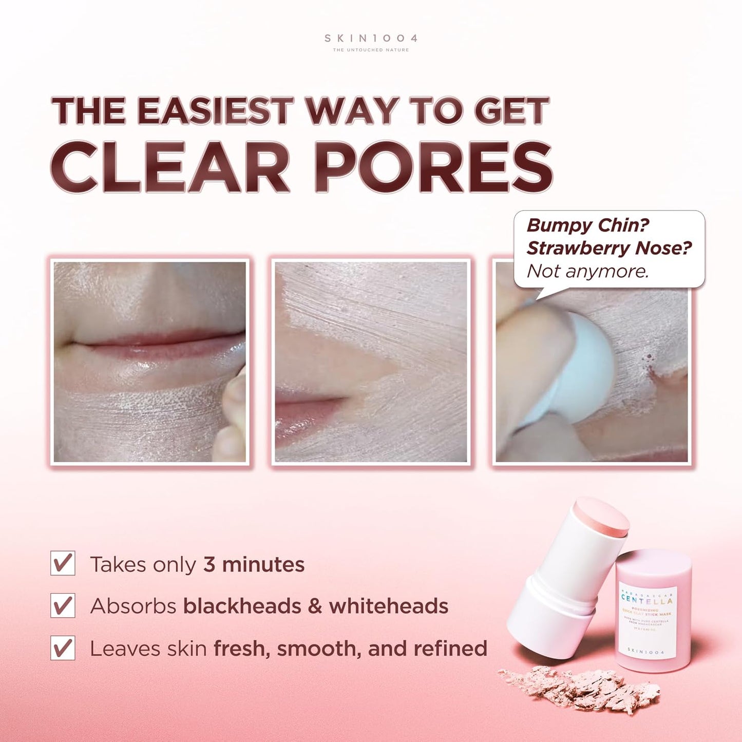 HotSKIN1004 [Hudson's Pick] Poremizing Quick Clay Stick Mask, Facial Clay Mask for Pores, Centella Clay Stick for Pore Minimizing, Pink Pore Mud Mask for Sebum Balance, Korean Skin Care, 0.95 oz / 27g