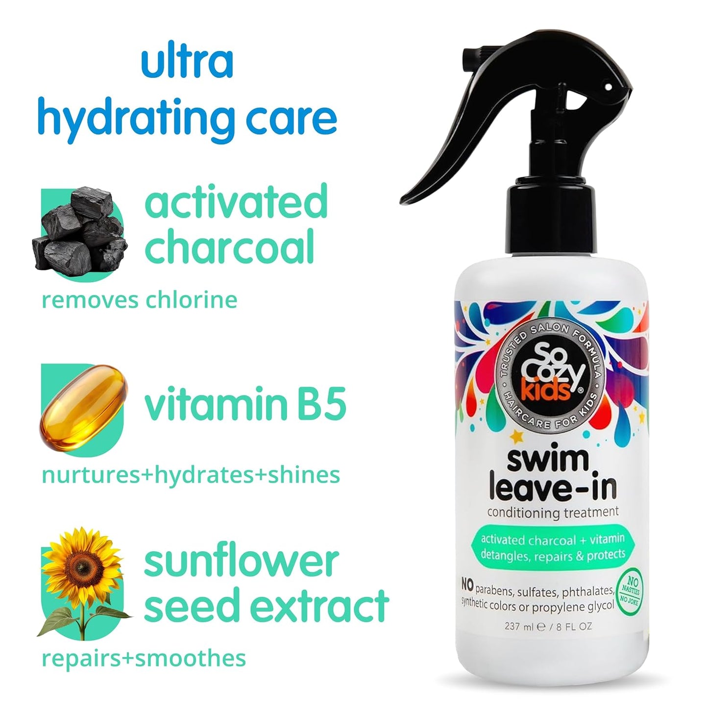 HotSoCozy Swim Leave In Conditioner Spray & Treatment for Kids Hair (8 Fl Oz) Protects & Repairs Pool, Sun & Salt Damaged Hair, Gentle Formula with Activated Charcoal, Vitamin B5 & Sunflower Seed Extract