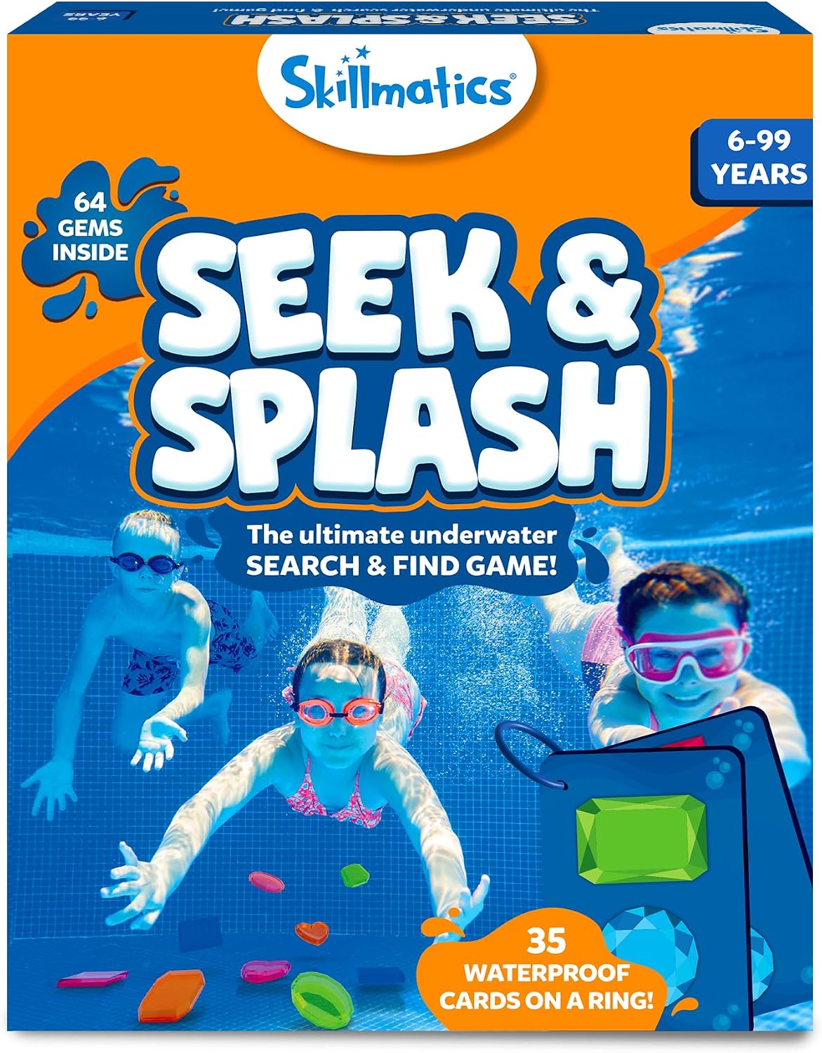 HotSkillmatics – Seek & Splash, Pool Dive Toys for Kids, Search & Find Game | Swimming Pool Game, Fun Summer Gift for Boys & Girls Ages 6, 7, 8, 9, 10, 11 & Up, Includes 64 Colorful Gems