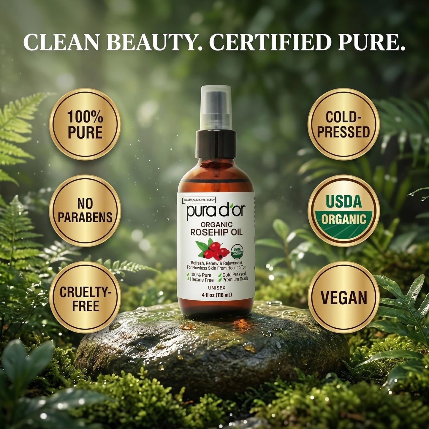 HotPURA D'OR ORGANIC Rosehip Seed Oil 100% Pure Cold Pressed USDA Certified For Hair, Skin, Scalp, Anti Aging Face & Body - Hexane Free Glass Bottle - 4 Oz - Hair Regrowth Tonic