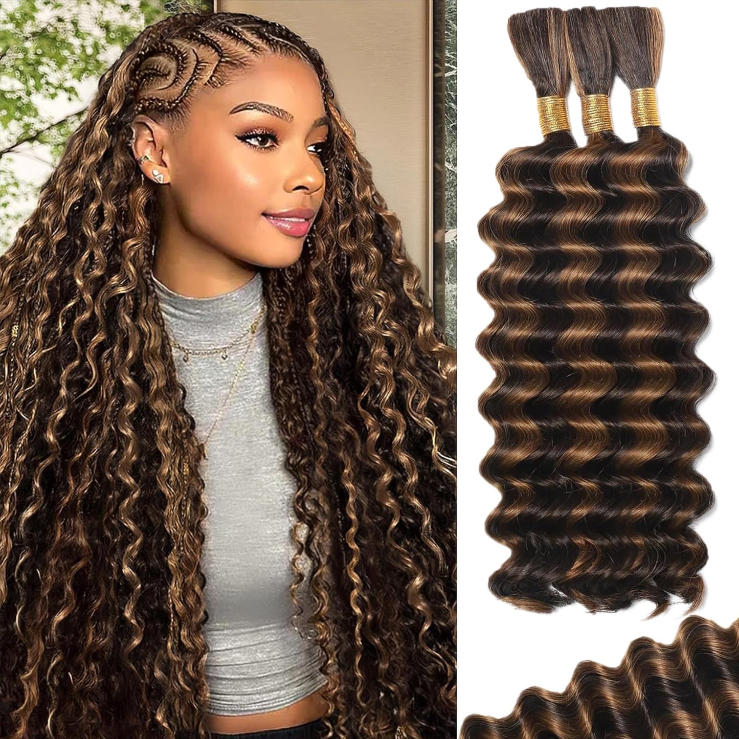 HotMOTFIN Human Braiding Hair for Boho Braids 20 Inch Curly Wave Bulk Bundles | 110g Boho Hair for Braiding, 12A 100% Virgin, Long-lasting, Tangle Free, Deep Wave, Knotless Bohemian Braid, Natural Color