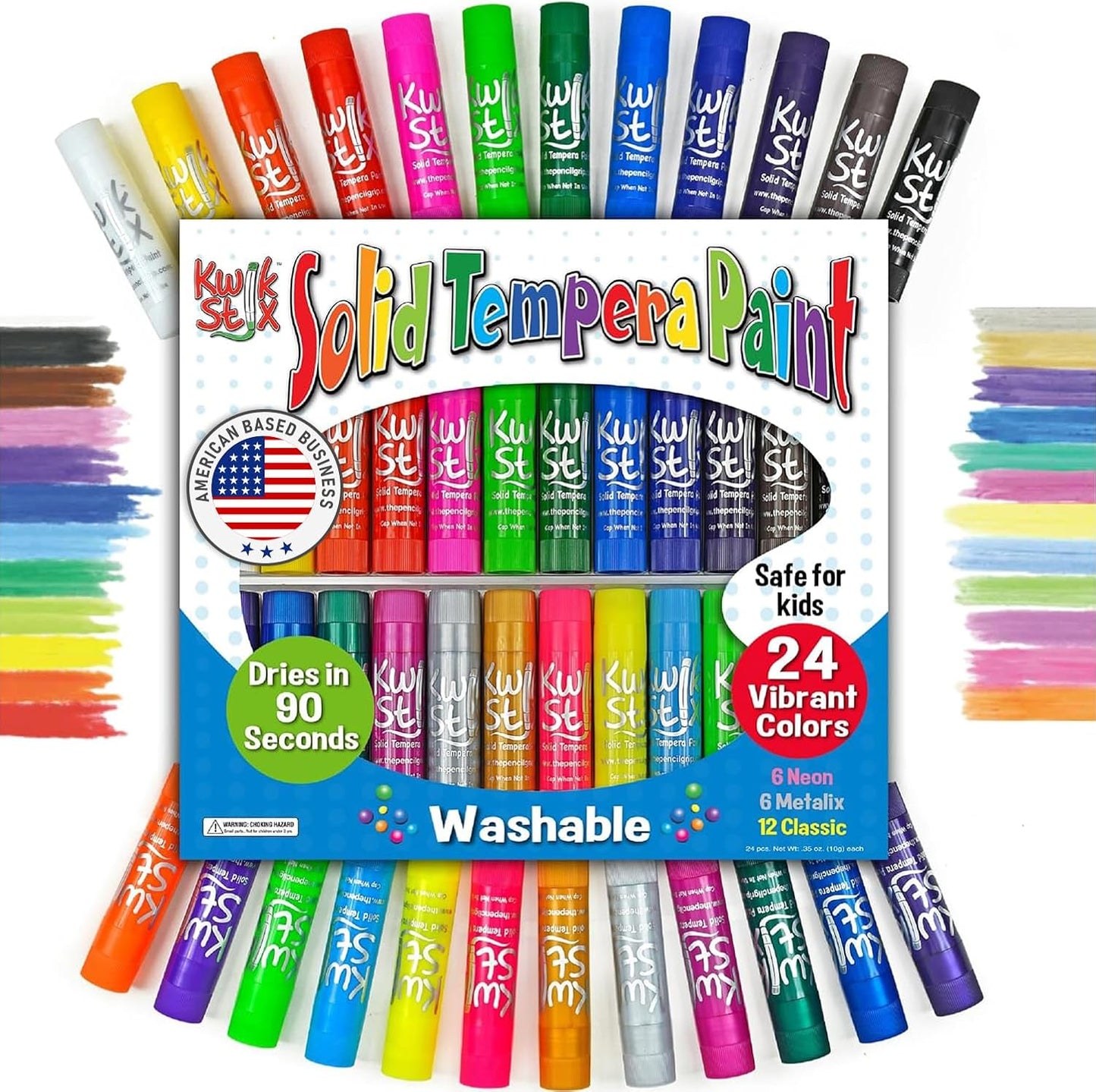 Hot Kwik Stix Solid Tempera Paint Sticks, 24 Colors, Washable Paint Sticks for Kids, Non-Toxic, Quick Drying, Allergen Free, Comes in Classic, Metallic, & Neon Colors, Ideal for Kids and Toddlers