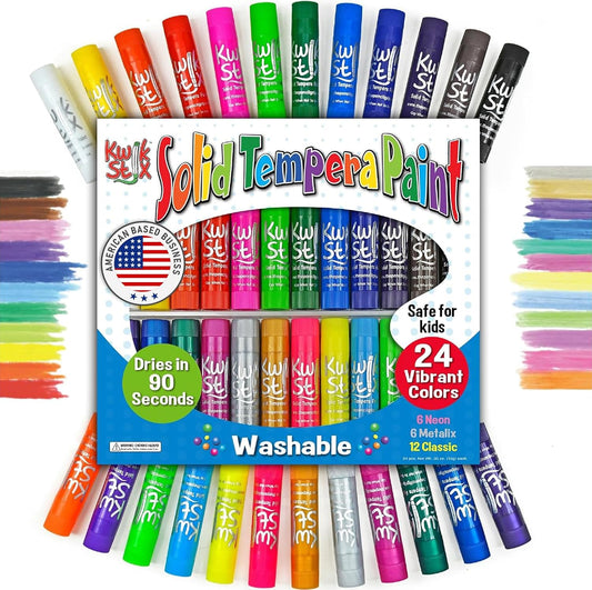 Hot Kwik Stix Solid Tempera Paint Sticks, 24 Colors, Washable Paint Sticks for Kids, Non-Toxic, Quick Drying, Allergen Free, Comes in Classic, Metallic, & Neon Colors, Ideal for Kids and Toddlers