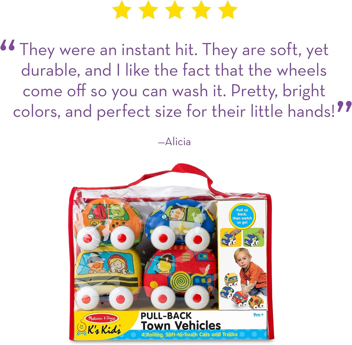 HotMelissa & Doug K's Kids Pull-Back Town Vehicle Set - Baby Toys Set with 4 Soft Toy Cars and Trucks, Surface Washable with Removable Wheels, Learning Toys for Babies and Toddlers