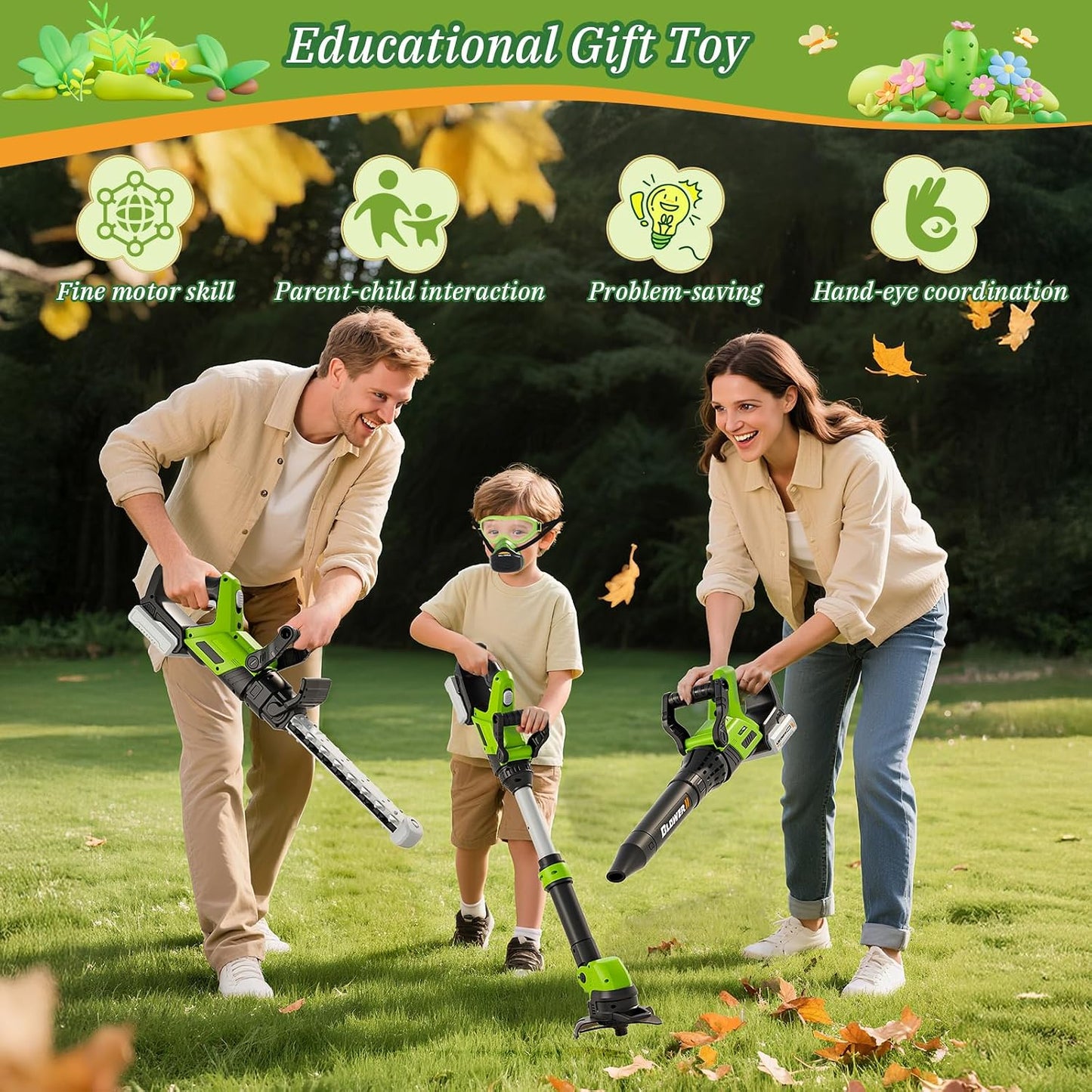 HotKids Tool Set, 3-IN-1 Toddler Power Garden Tools with Sounds & Lights, Volume+/-, Toy Weed Wacker, Leaf Blower&Hedge Trimmer, Outdoor Play Toy Tools, Christmas Birthday Gifts for Boy Toys 3 4 5 6 7 8+