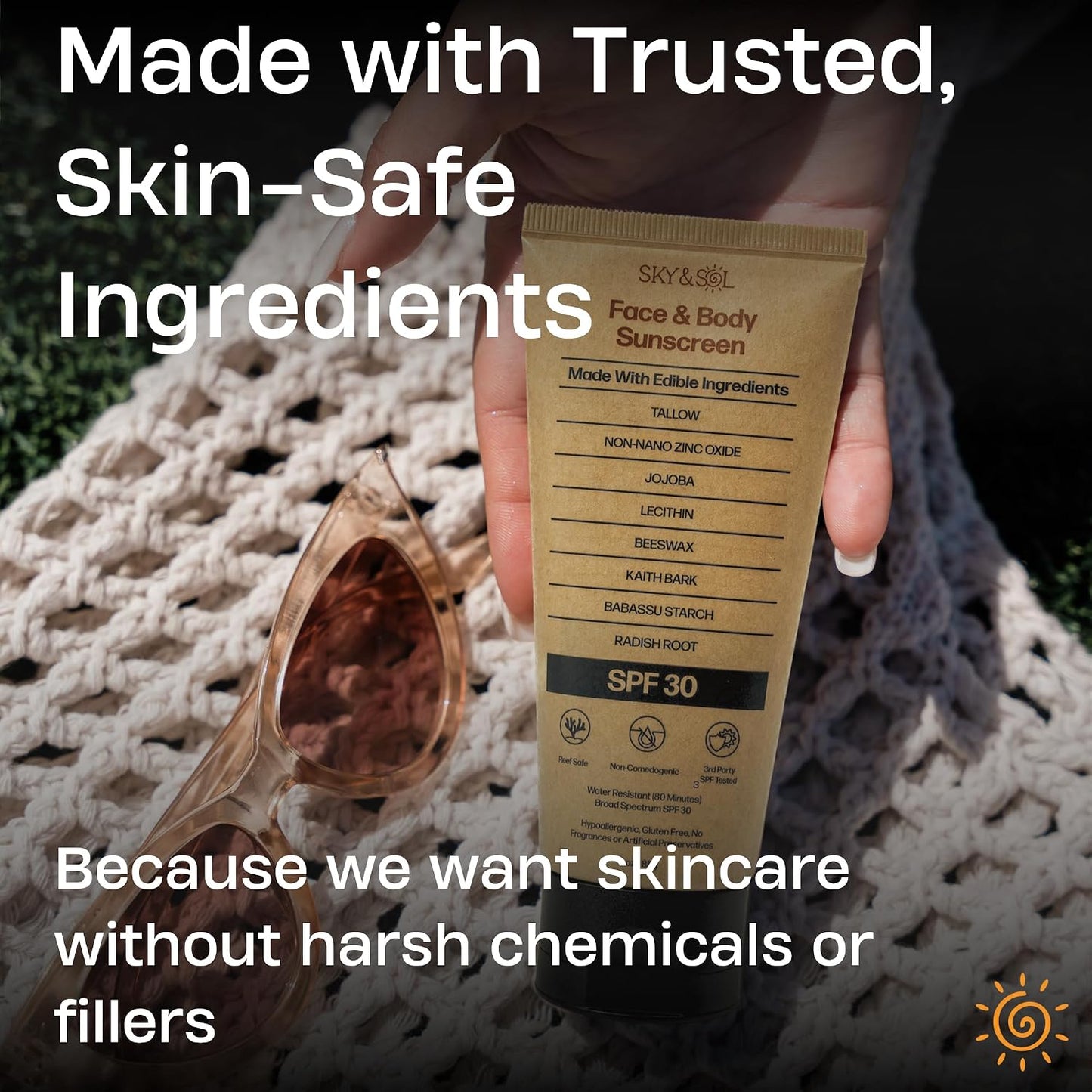 HotSky and Sol Natural Mineral Sunscreen SPF 30 3 oz: Natural Tallow & Zinc Oxide, Reef Safe, Water Resistant, Fragrance-Free, Non-Greasy Formula for Face and Body