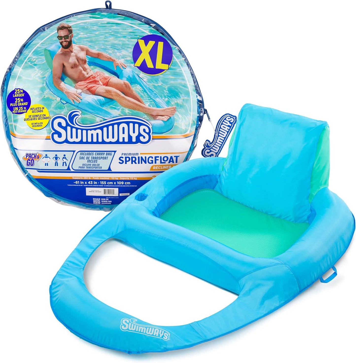 HotSwimWays Spring Float XL Recliner Chair for Swimming Pool, Inflatable Pool Floats for Adults and Teens with Fast Inflation, Cup Holder & Foot Rest, Supports Up to 250 lbs.