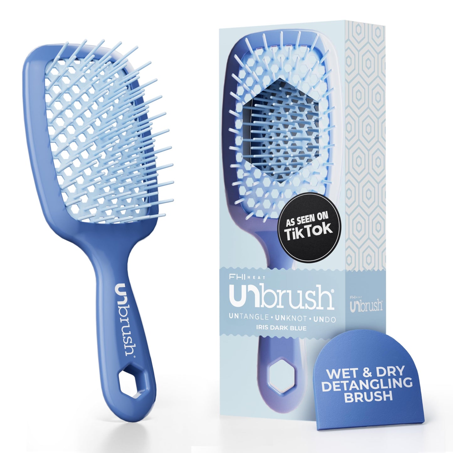 HotFHI Heat UNbrush Detangling Brush for Pain-Free Brushing on All Wet or Dry Hair Types — Durable DuoFlex Anti-Static Bristles, Lightweight Handle, Vented Hair Brush, Periwinkle Light Blue