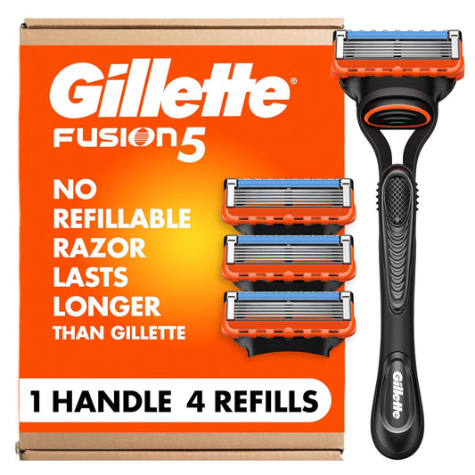 HotGillette Fusion5 Razors for Men, 1 Razor, 4 Blade Refills, Lubrastrip for a More Comfortable Shave