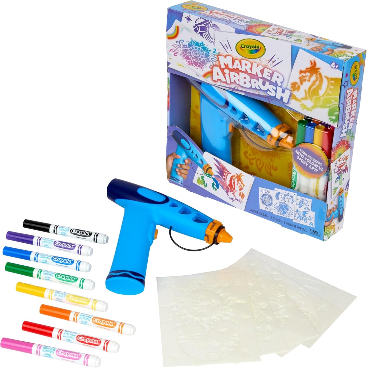HotCrayola Marker Airbrush Spray Art Kit, Battery-Powered Sprayer with 8 Washable Markers & 5 Stencils, DIY Craft Set, Ages 6+