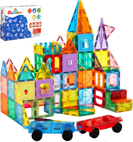 Hot Anbalulu Magnetic Tiles 100PCS with 2 Cars, STEM Educational Building Blocks for Kids Ages 3-9, Magnet Construction Toys Gift for Toddlers