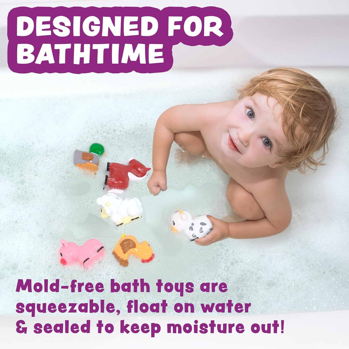 HotTub Works® Barnyard™ Mold Free Bath Toys, 6 Pack | Sealed, No Hole Bath Toys Design Keeps Moisture Out | Soft, Squeezable & Float on Water | Farm Animals Baby & Toddler Bathtub Toys | Baby Pool Toys