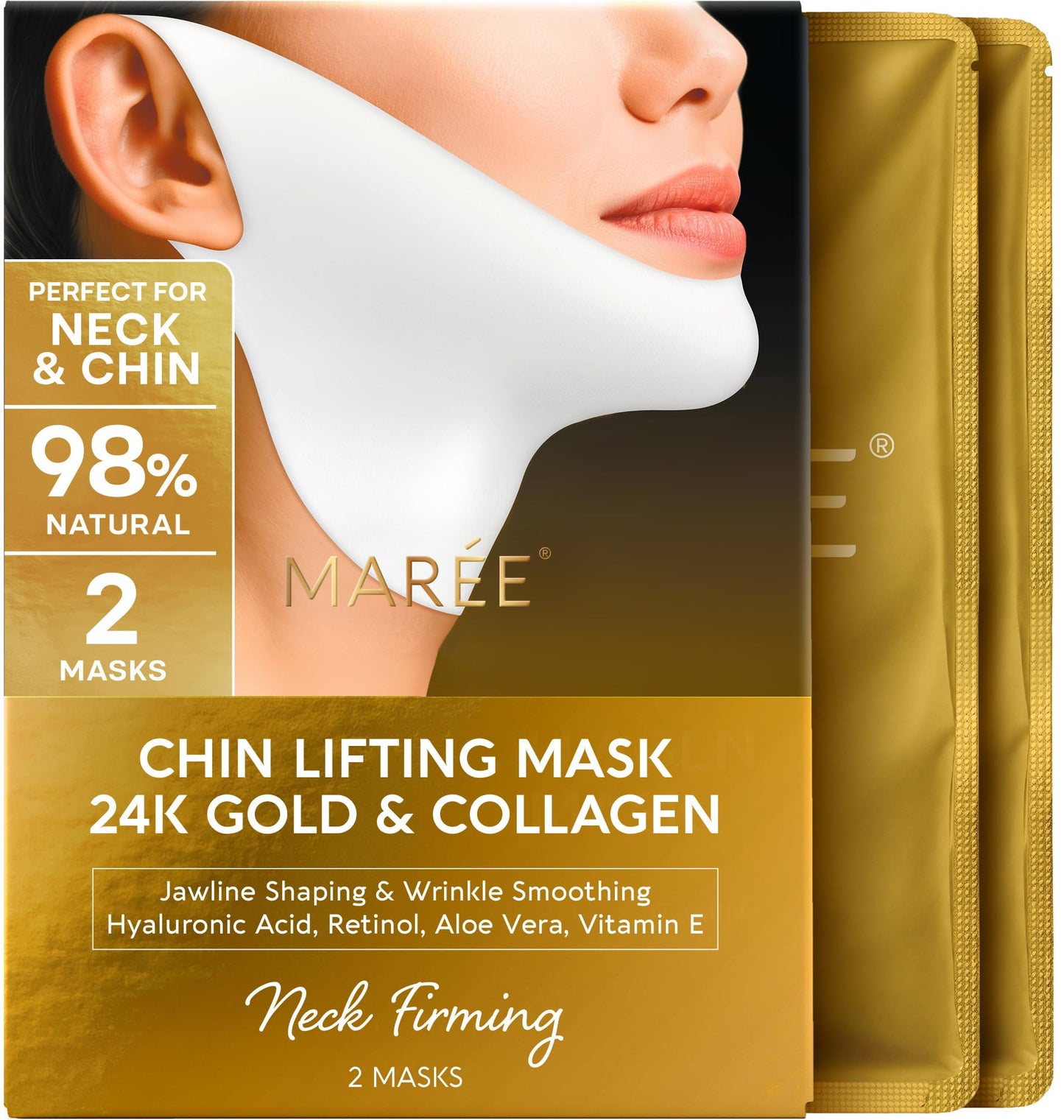 HotMAREE V Line Lifting Mask with 24K Gold – Deep Collagen Face Mask for Women – Jawline Shaper Mask with Retinol & Hyaluronic Acid – Neck Tightening & Firming - Double Chin Strap for Face Lift