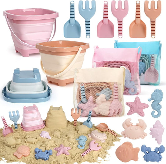 HotDreamon Beach Toys Set for Kids 3-10, Collapsible Sand Buckets with Beach Molds and Mesh Bag, 3 Pack Shovels Set Sand Toys for Beach, Sandbox Travel Toys for Toddlers Kids