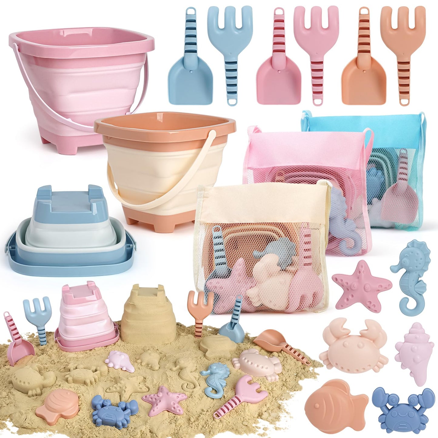 HotDreamon Beach Toys Set for Kids 3-10, Collapsible Sand Buckets with Beach Molds and Mesh Bag, 3 Pack Shovels Set Sand Toys for Beach, Sandbox Travel Toys for Toddlers Kids