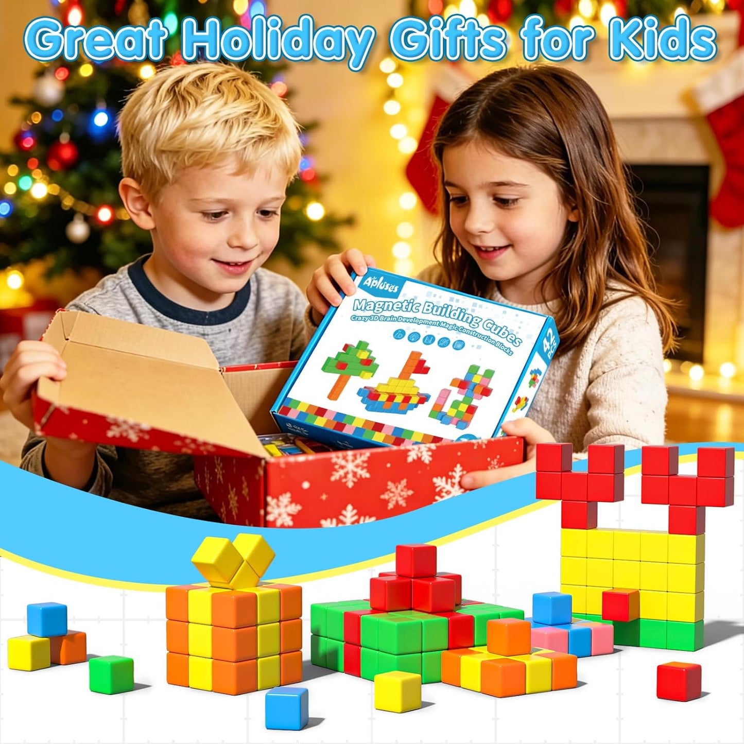 HotApluses 42PCS Magnetic Blocks, Gifts for 3 4 5 6 Year Old, Magnet Building Blocks for Toddlers, Girls & Boys, Sensory - Montessori - Autism - Magnetic Toys for Kids Ages 3-5 4-8