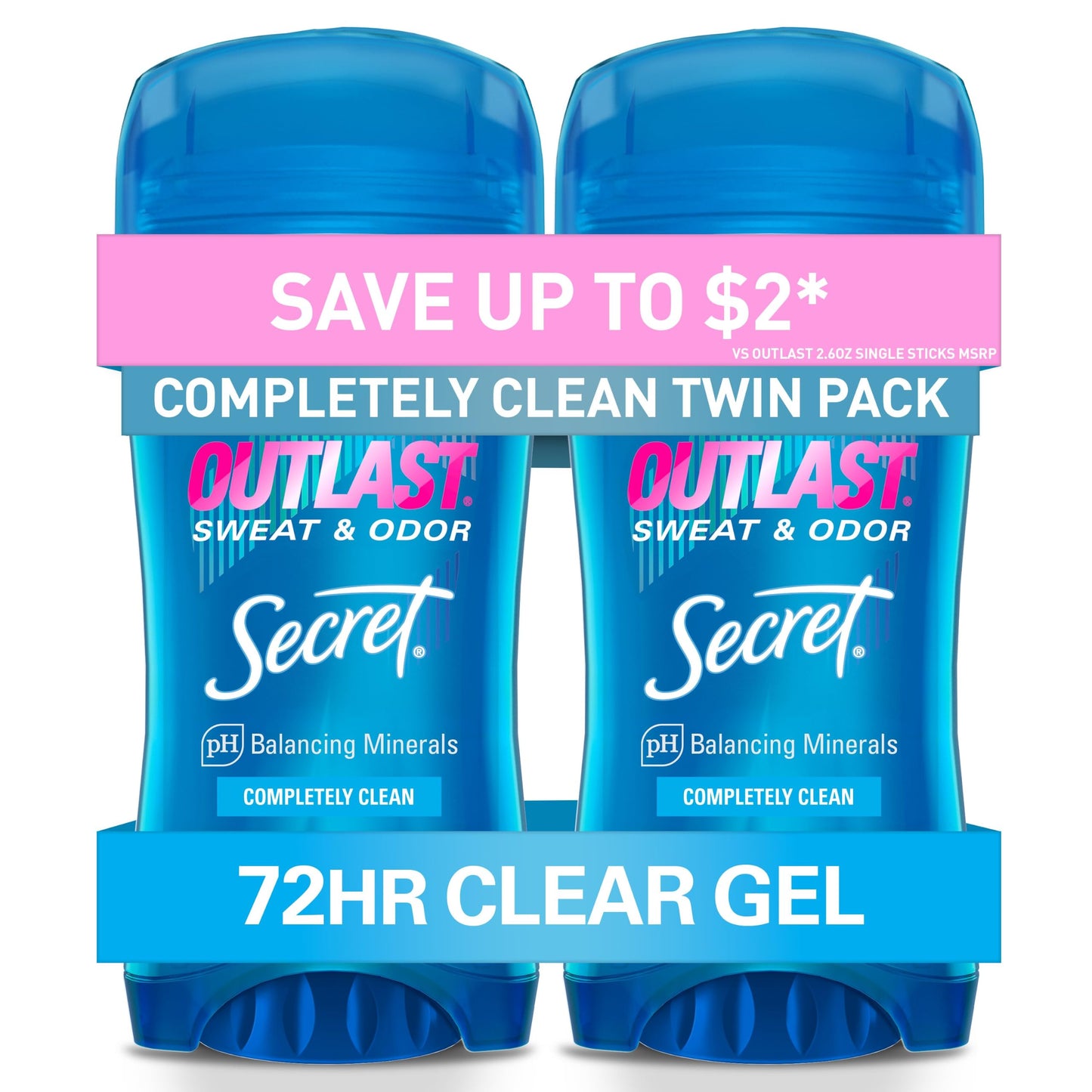 HotSecret Outlast Antiperspirant Deodorant for Women, 72hr Sweat & Odor Protection, PH Balancing Minerals, Pro-Hyaluronic Acid, Clear Gel, Completely Clean Scent, 2.6 oz (Pack of 2)