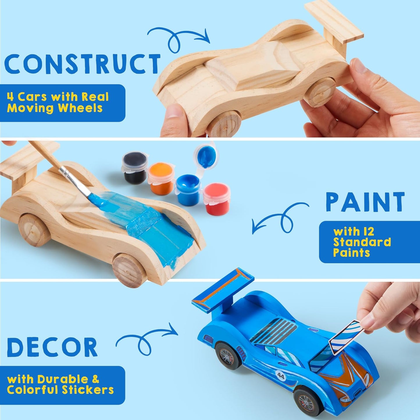 HotKlever Kits 4 DIY Wooden Race Cars-Build & Paint Your Own Wood Craft Kit, 4 Race Cars Toy, Easy to Assemble Arts Crafts Kit, Birthday Party Presents for Kids Boys and Girls
