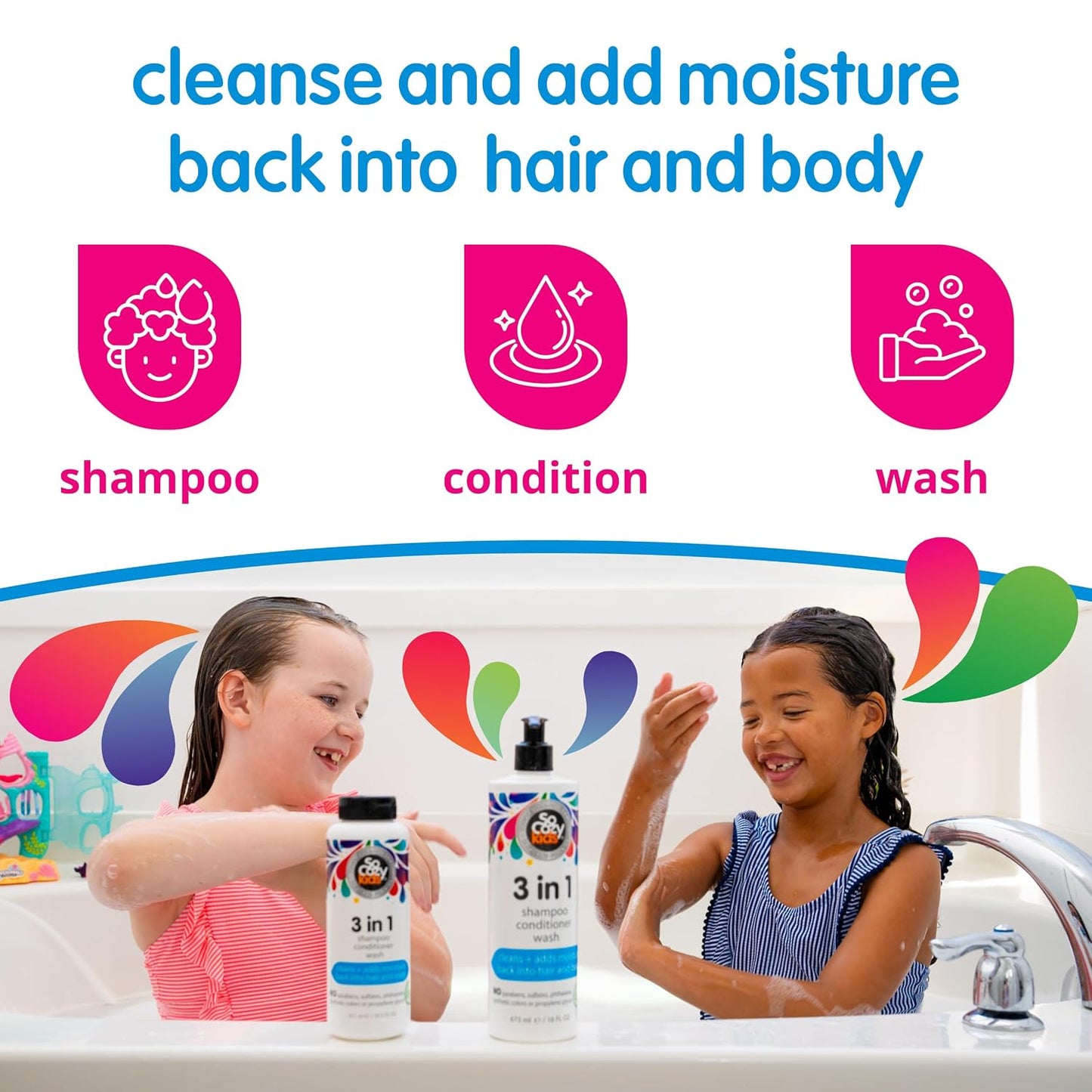HotSoCozy 3 in 1 Kids Shampoo + Conditioner + Body Wash (16 Fl Oz) Gentle, Hydrating Hair & Body Cleanser with Keratin, Vitamin B5, & Kiwi Extract, Paraben & Sulfate-Free